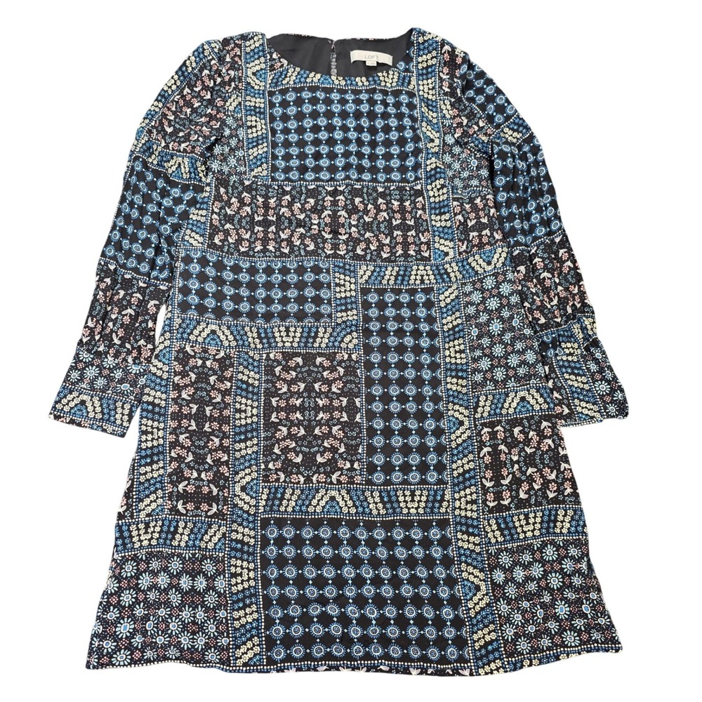 LOFT Patchwork Floral Long Sleeve Shift‎ Dress Women's Siz4 4 Blue Black Boho